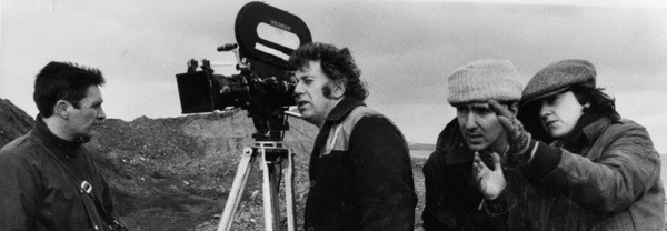 Murray with Peter Woodhouse, Peter Roberts and Ellin Hare on location for Seacoal, 1985.