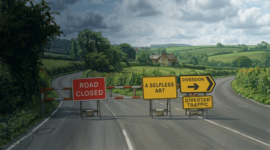 Road closed signs with diversion arrows on a rural road